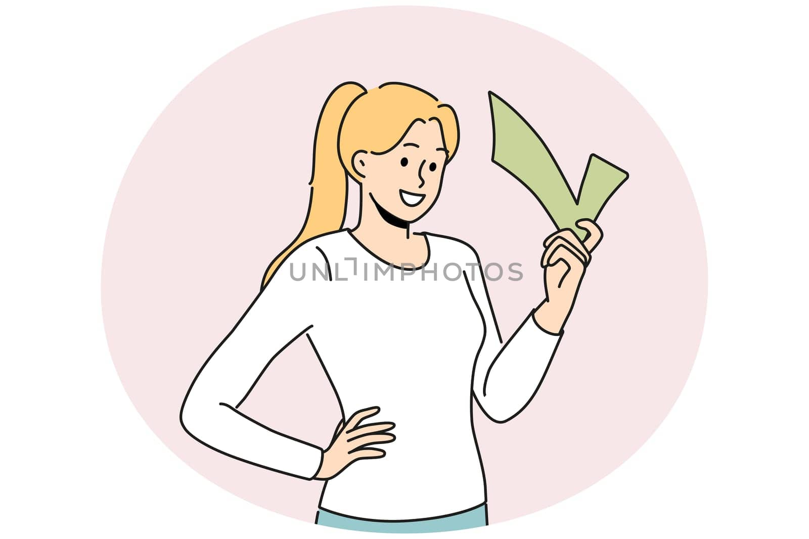 Smiling woman hold check sign in hands. Happy girl with done symbol. Achievement and success. Vector illustration.