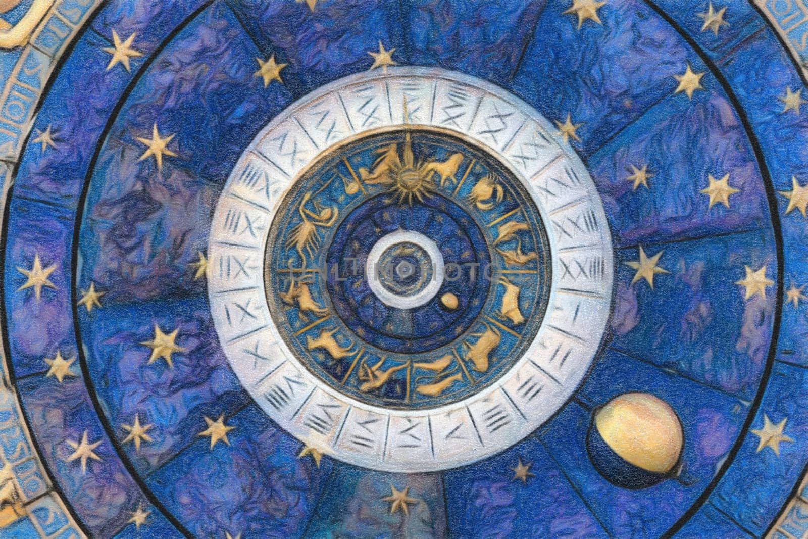 Astrological zodiac background. Vintage illustration art, grunge design. Concept of destiny, fortune, esoteric, magic, mysterious