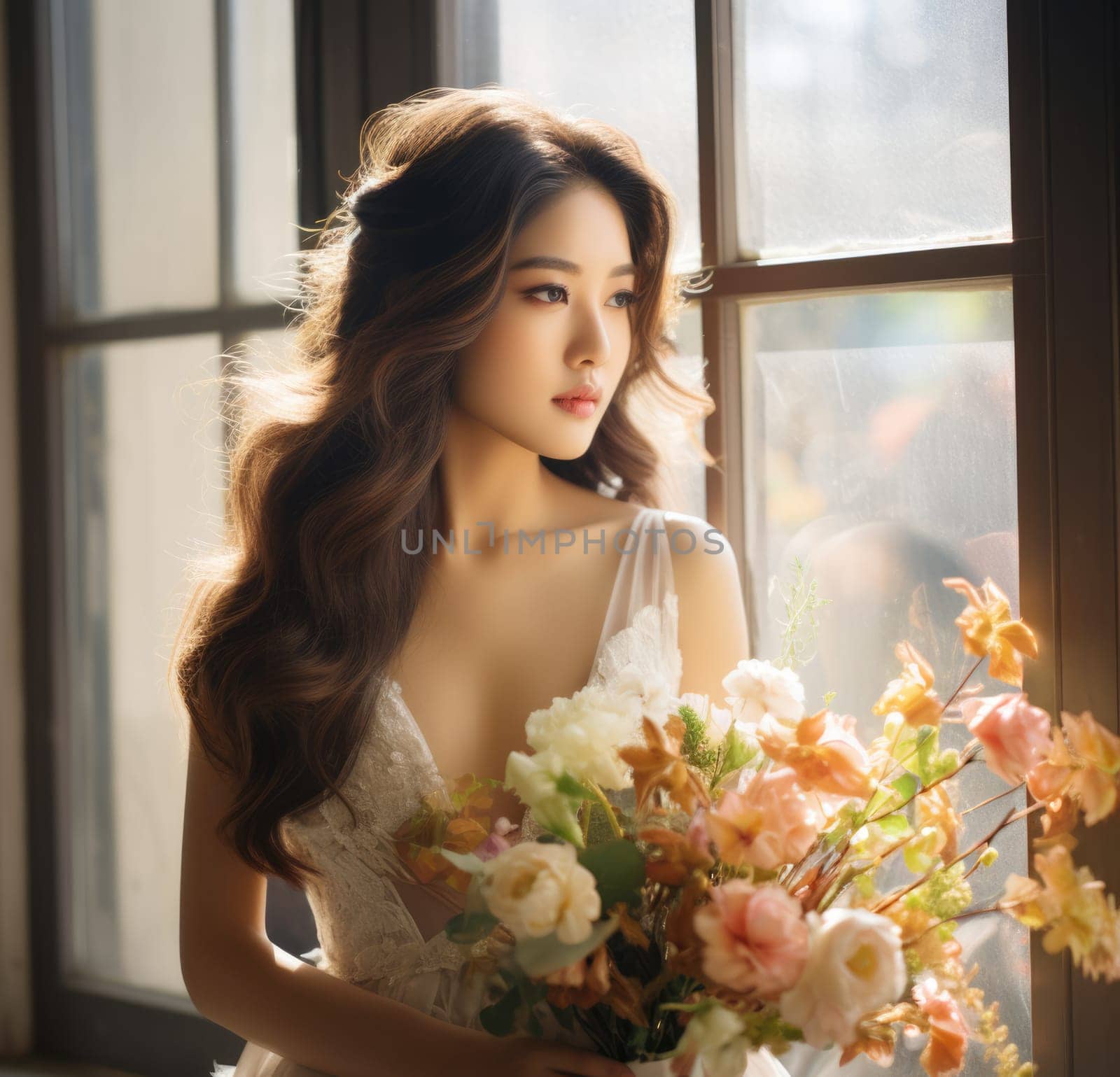 asian female, bridal studio photography with flower bouquet, ai
