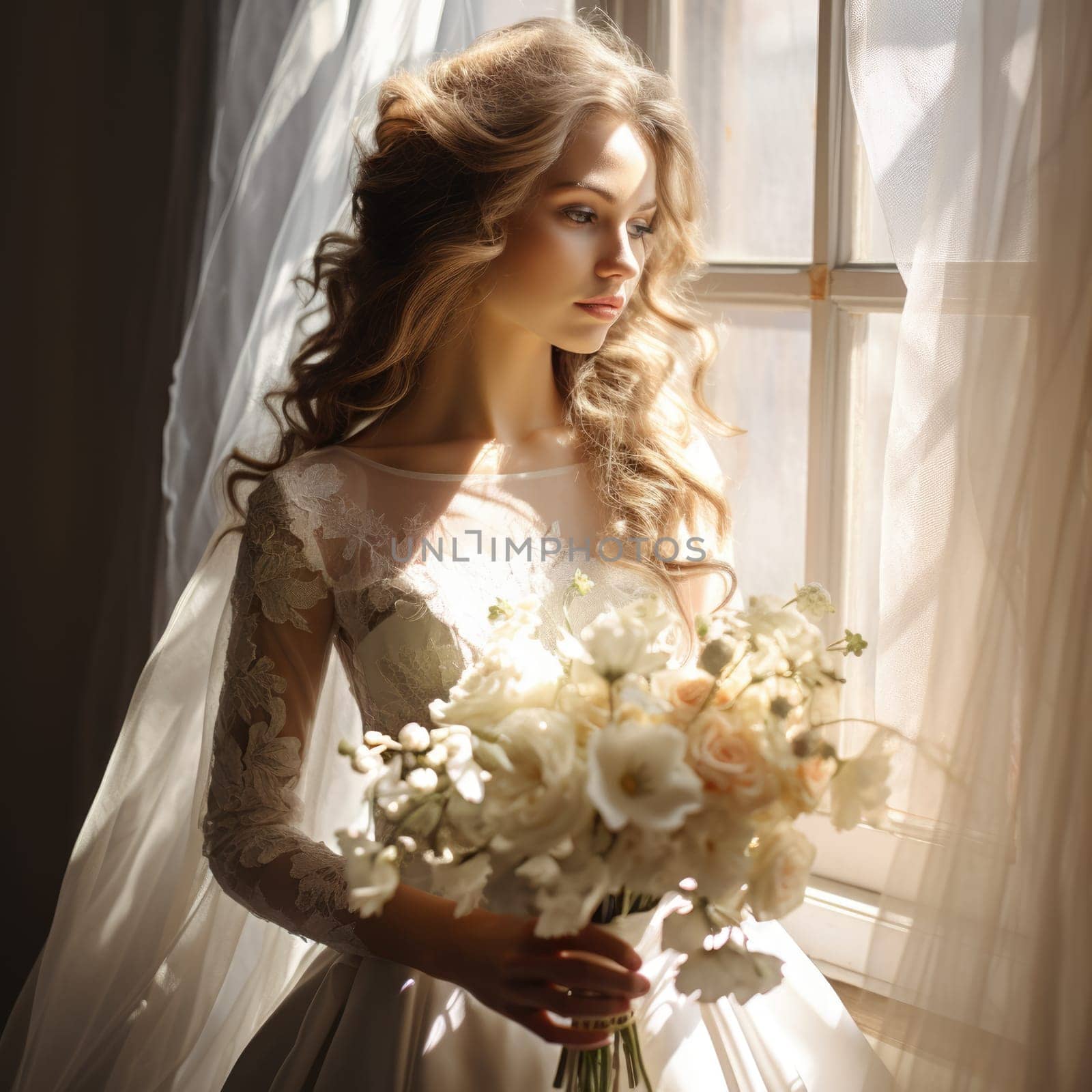 caucasian female, bridal studio photography with flower bouquet, ai