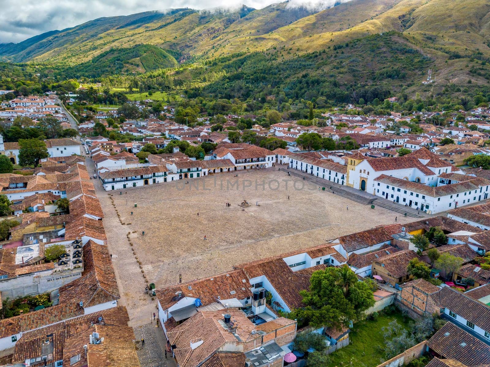 Villa de Leyva, colonial town known for Plaza Mayor, largest stone-paved square in South America, cobblestone streets, whitewashed buildings and historical UNESCO architecture. Boyaca, Colombia.