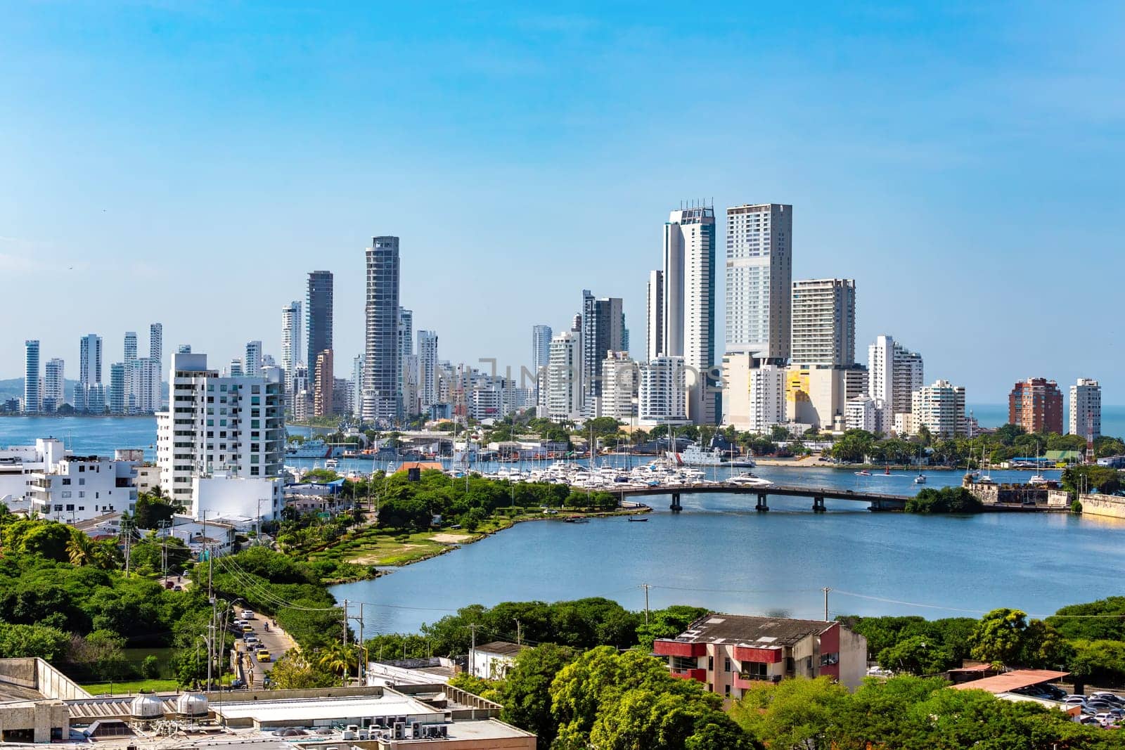 Urban skyline of Cartagena de Indias city on the Caribbean coast of Colombia