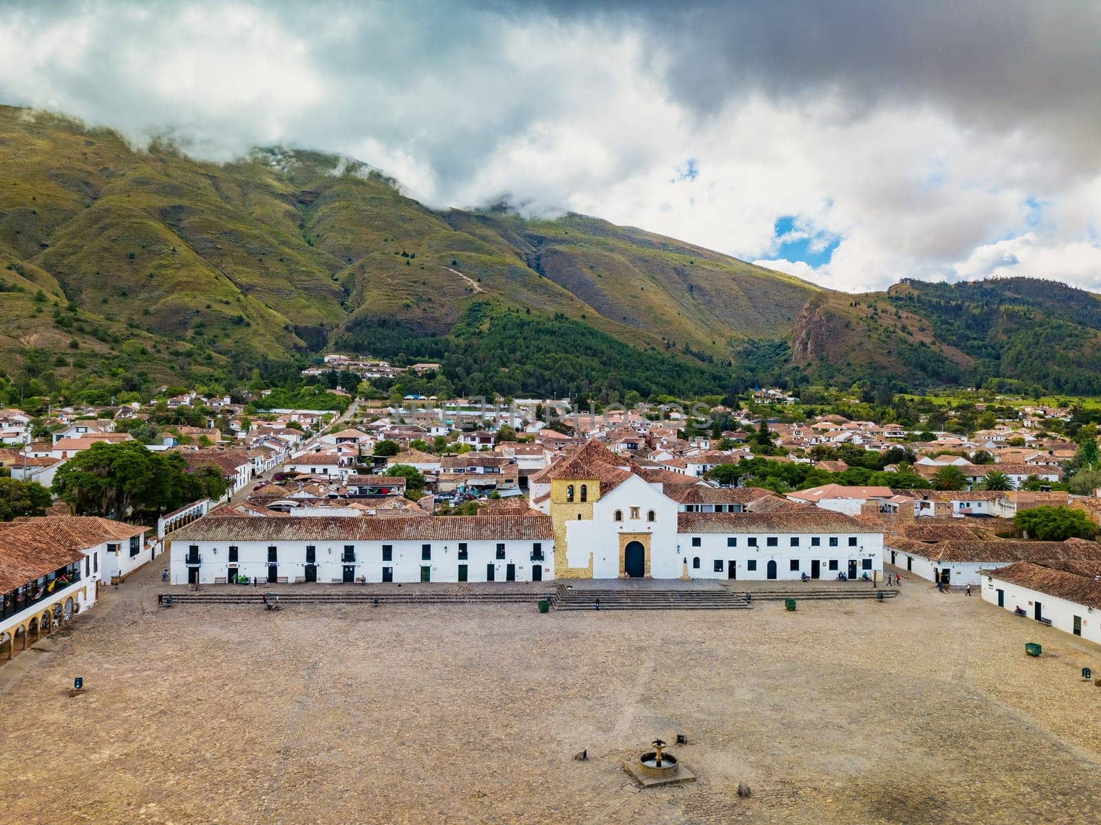 Villa de Leyva, colonial town known for Plaza Mayor, largest stone-paved square in South America, cobblestone streets, whitewashed buildings and historical UNESCO architecture. Boyaca, Colombia.