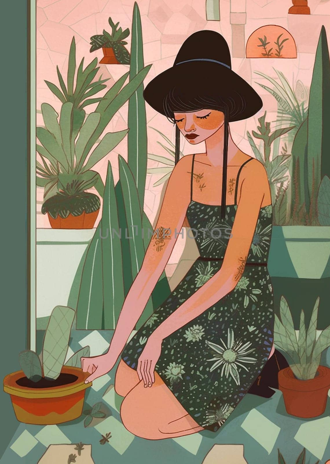 Sitting on a tiled floor surrounded by greenery, a girl in a green sundress looks at her plants with love and care. The floral print on her dress blends harmoniously with the colourful pots and vibrant green leaves. There is calmness and devotion in her eyes as she raises her hand to one of the pots. It's not just routine, it's a moment of intimate meditation where she finds joy and peace in her green corner. With each act of tending her plants, she immerses herself in a world of inner peace, filling her home with warmth and comfort.