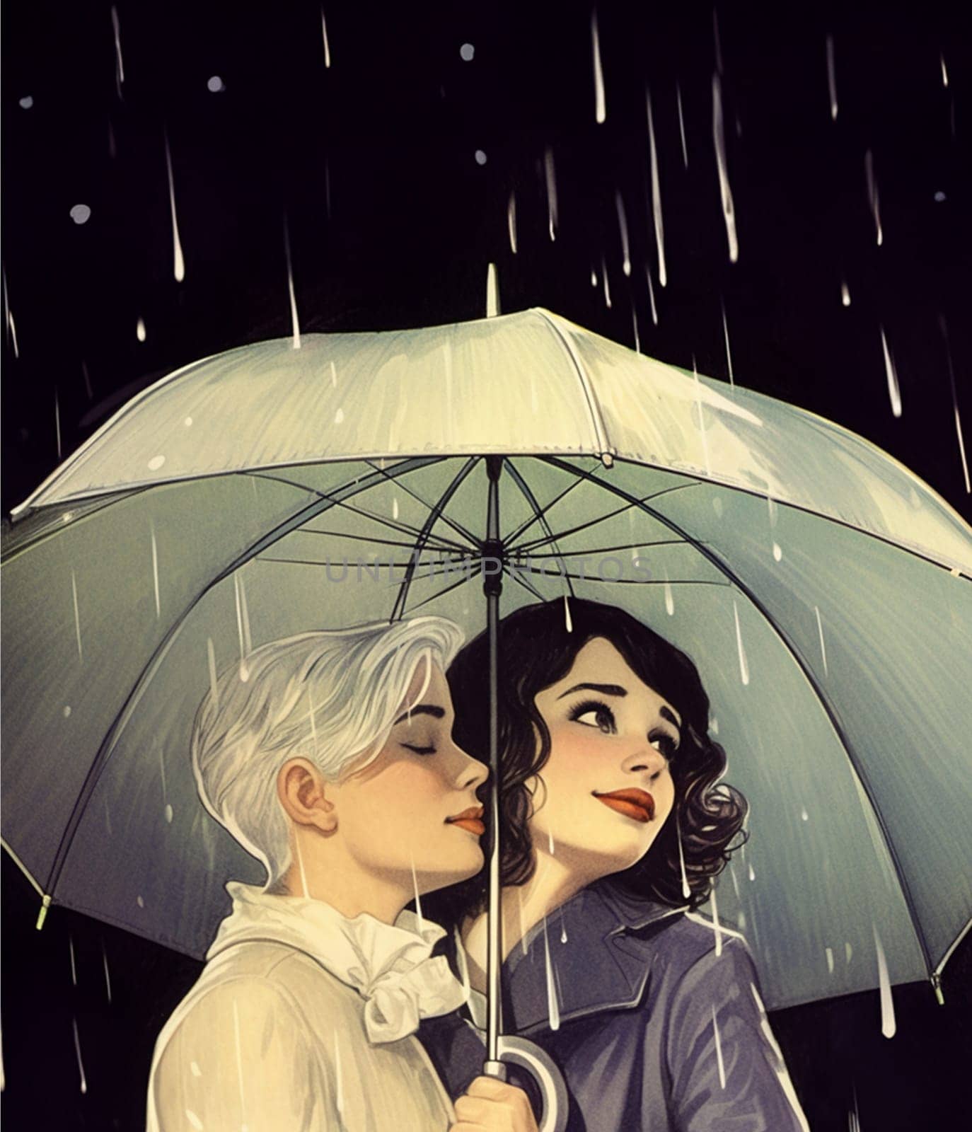 Two girls under a white umbrella, dressed in raincoats, are hiding from the rain. One of the girls is enjoying the refreshing elements, while the other, closing her eyes, snuggles up to her friend.