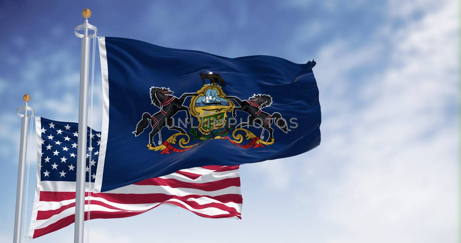 Pennsylvania state flag waving with the american flag. Blue field with state coat of arms: shield between horses, eagle on top. 3d illustration render. Fluttering textile