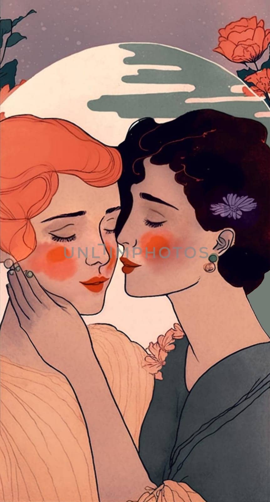 Two ladies with vintage hairstyles and modern style dresses. One of them, with eyes closed, approaches the other for a tender kiss. Every detail is infused with 1920s aesthetics.
