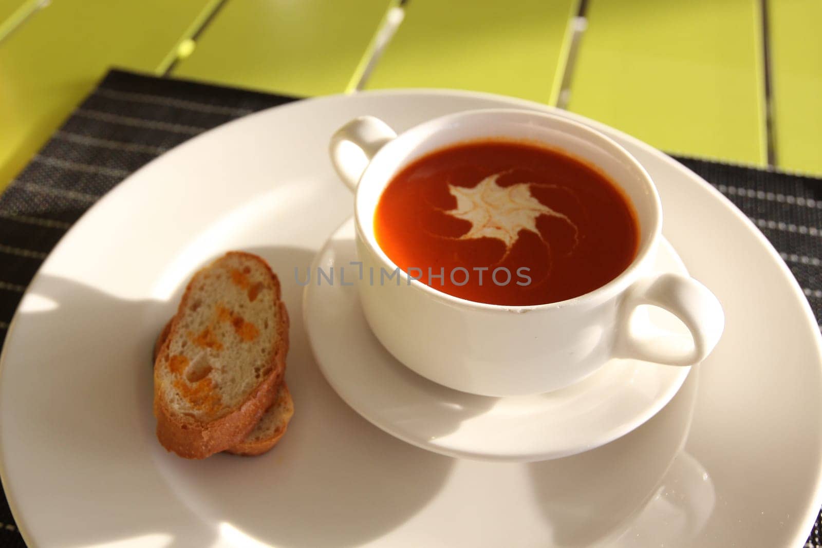 Restaurant menu. Dishes which give at restaurants. Soup in the cup
