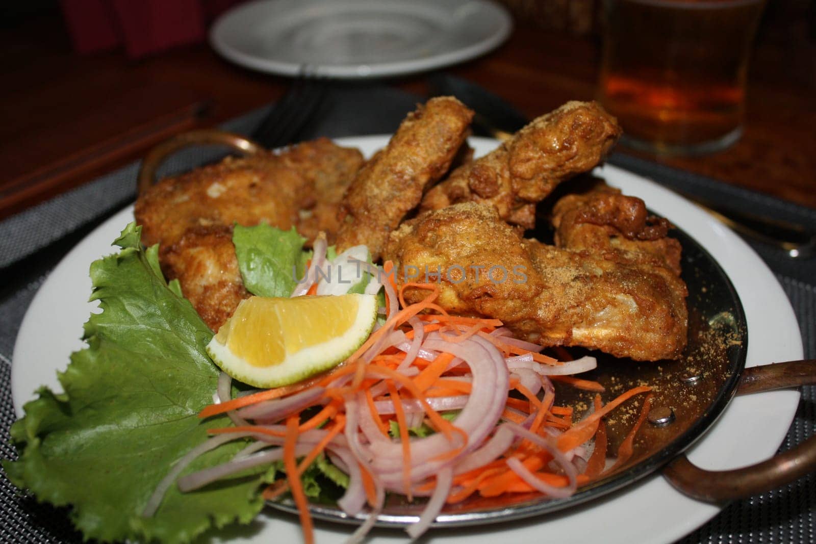 The food cooked at restaurant. Various dishes for every taste and choice.
