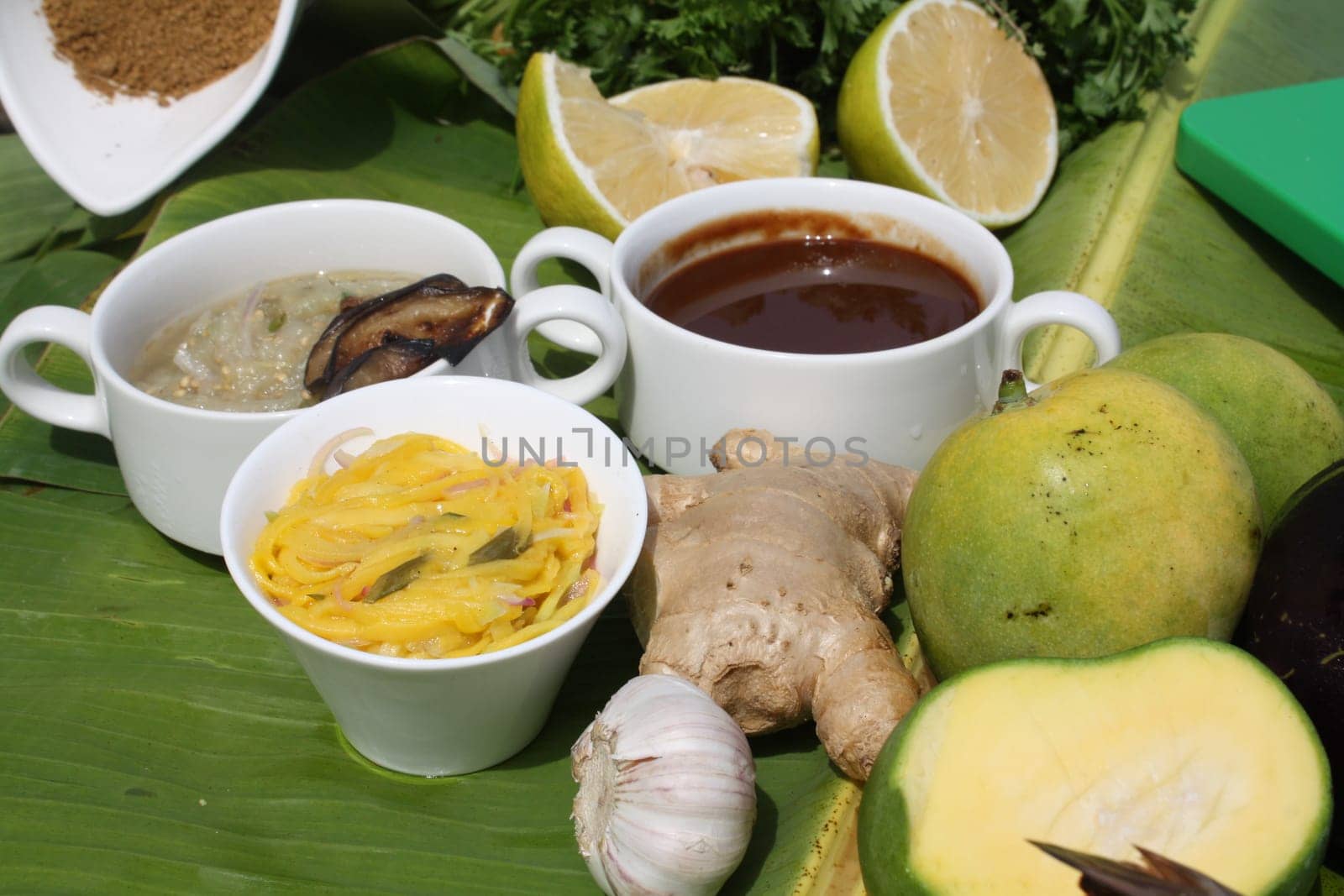 The food cooked at restaurant. Various dishes for every taste and choice.