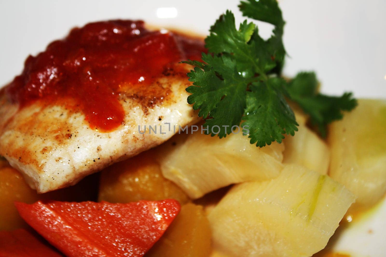 The food cooked at restaurant. Various dishes for every taste and choice.
