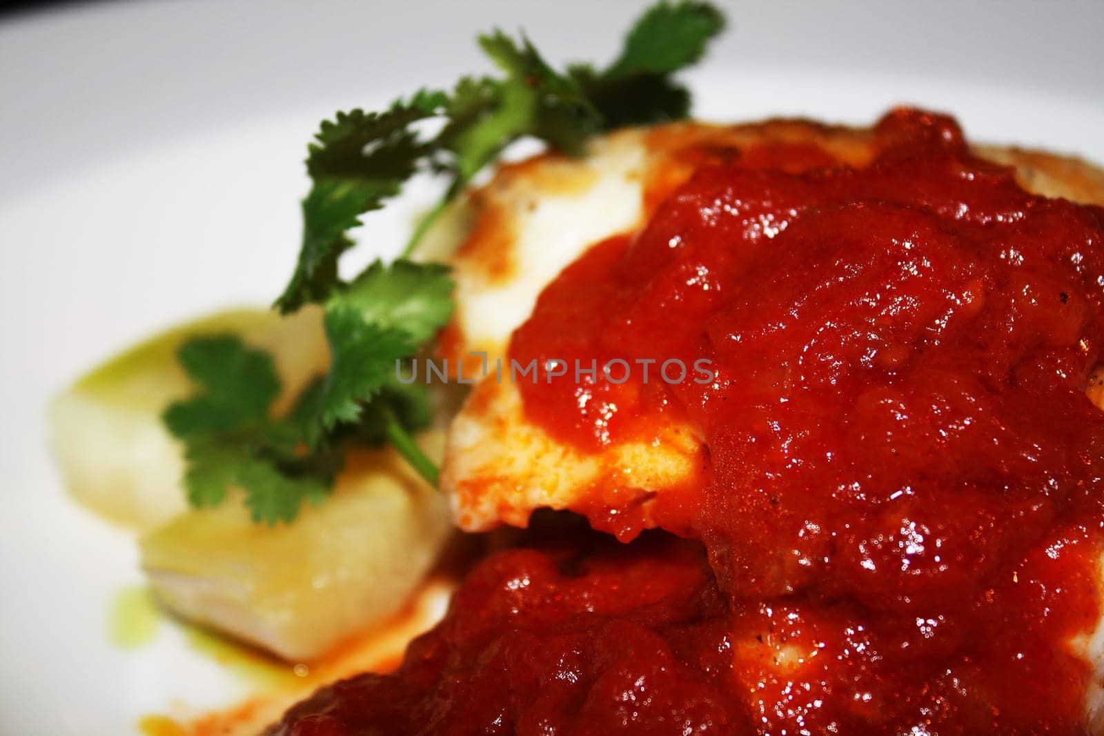 The food cooked at restaurant. Various dishes for every taste and choice.