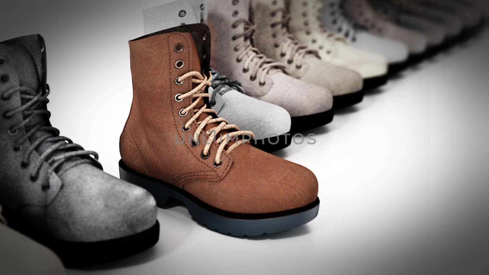 New suede boot stands out among old used boots. 3D illustration.