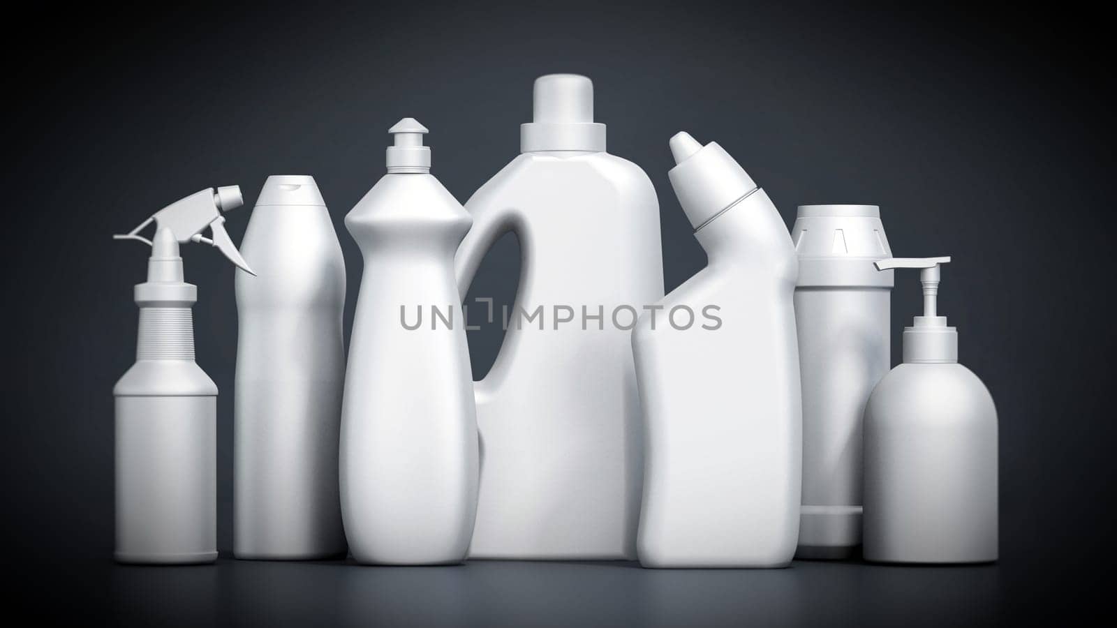 Blank cleaning product packages isolated on black background. 3D illustration.