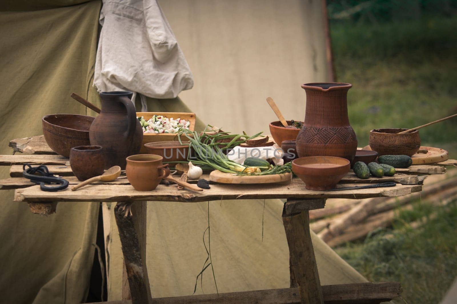 Still life from ancient clay pots. Old times life reconstruction.