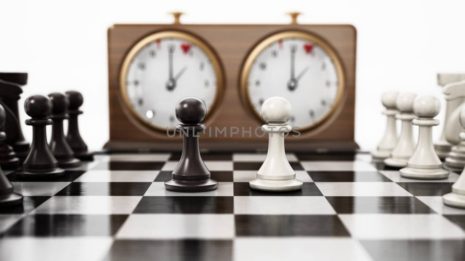 Wooden retro chess clock and chess board isolated on white background. 3D illustration.