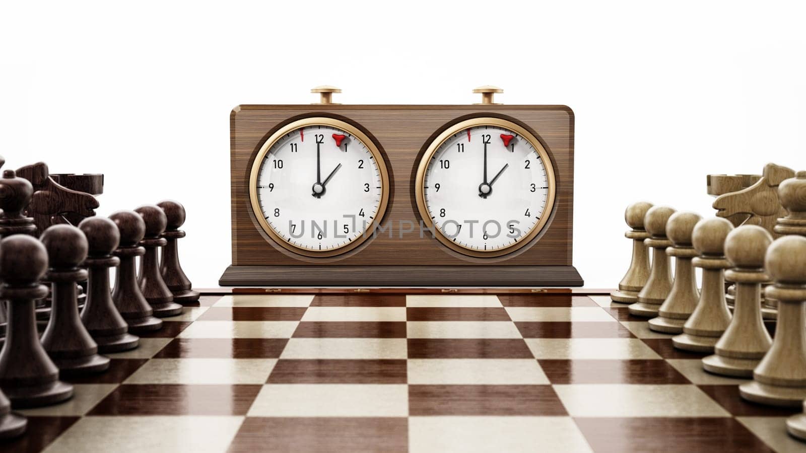 Wooden retro chess clock and chess board isolated on white background. 3D illustration.