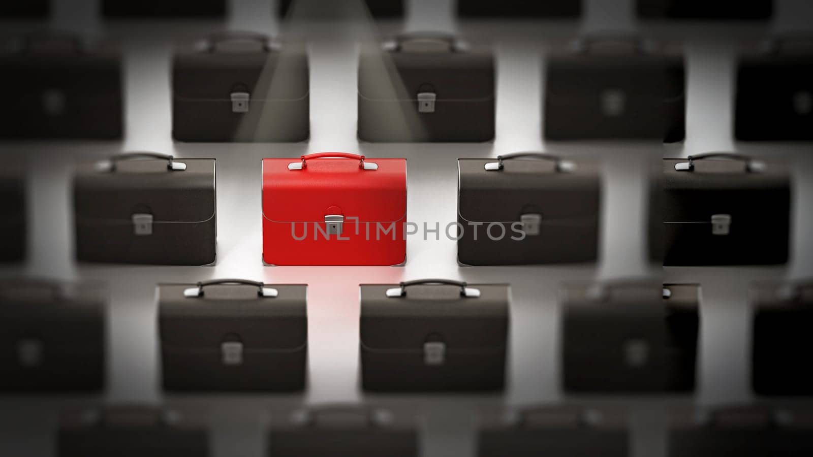Leather red briefcase standing out among black briefcases. 3D illustration.