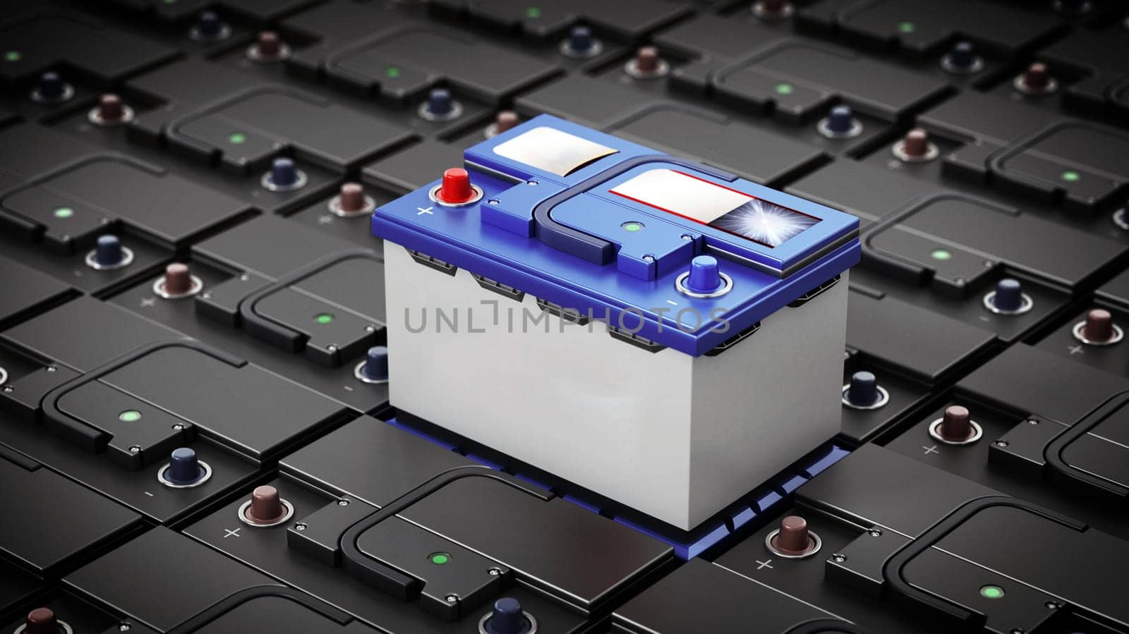 Generic car battery stands out among others. 3D illustration.