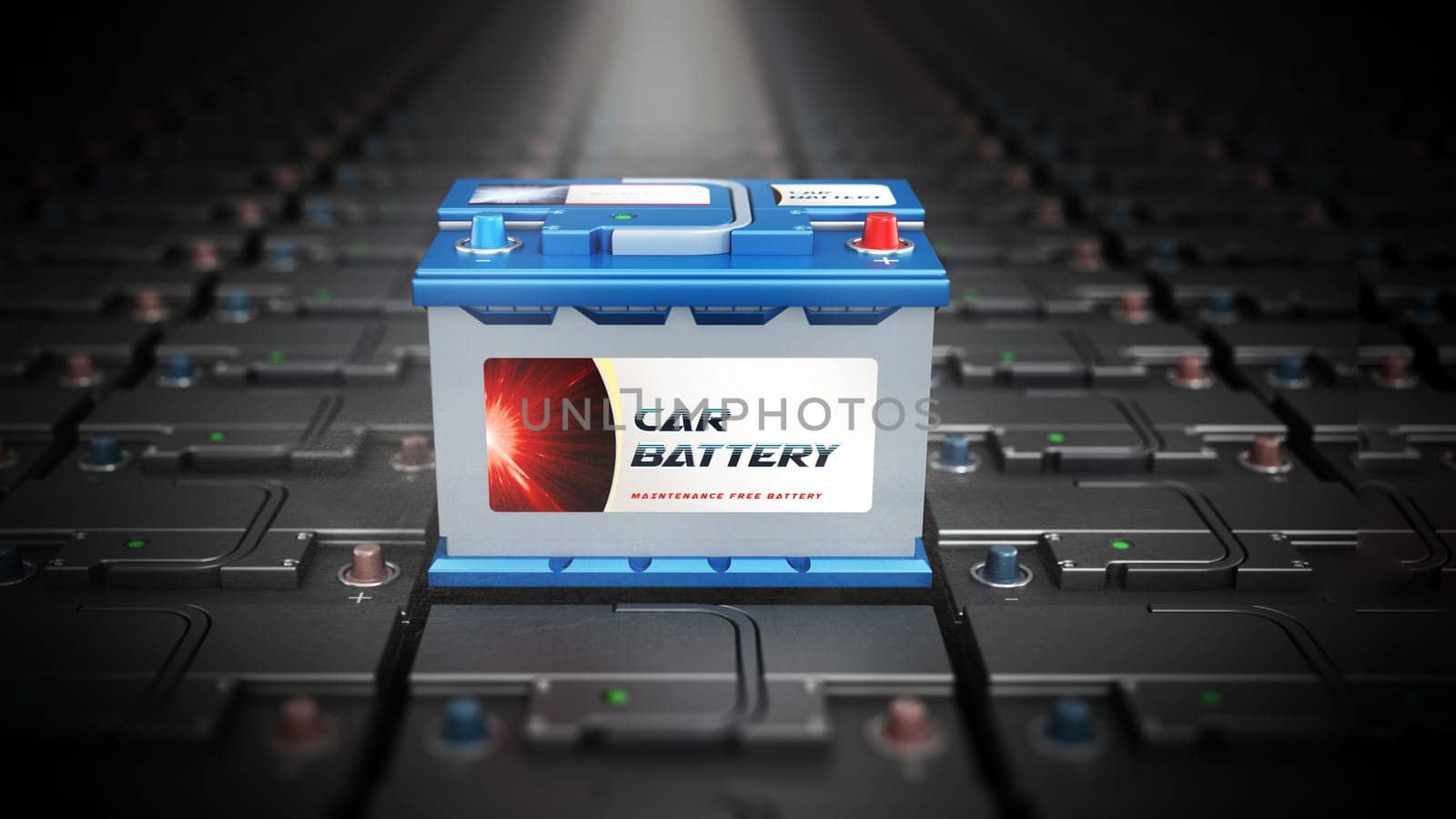 Generic car battery stands out among others. 3D illustration.