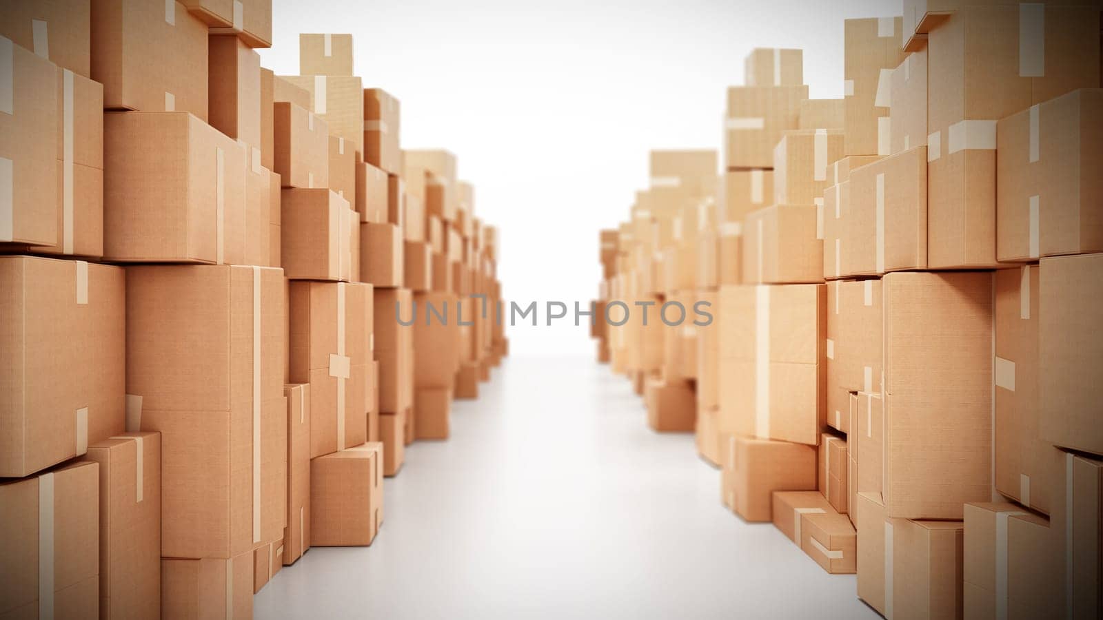 Corridor consisting of cardboard boxes. 3D illustration.