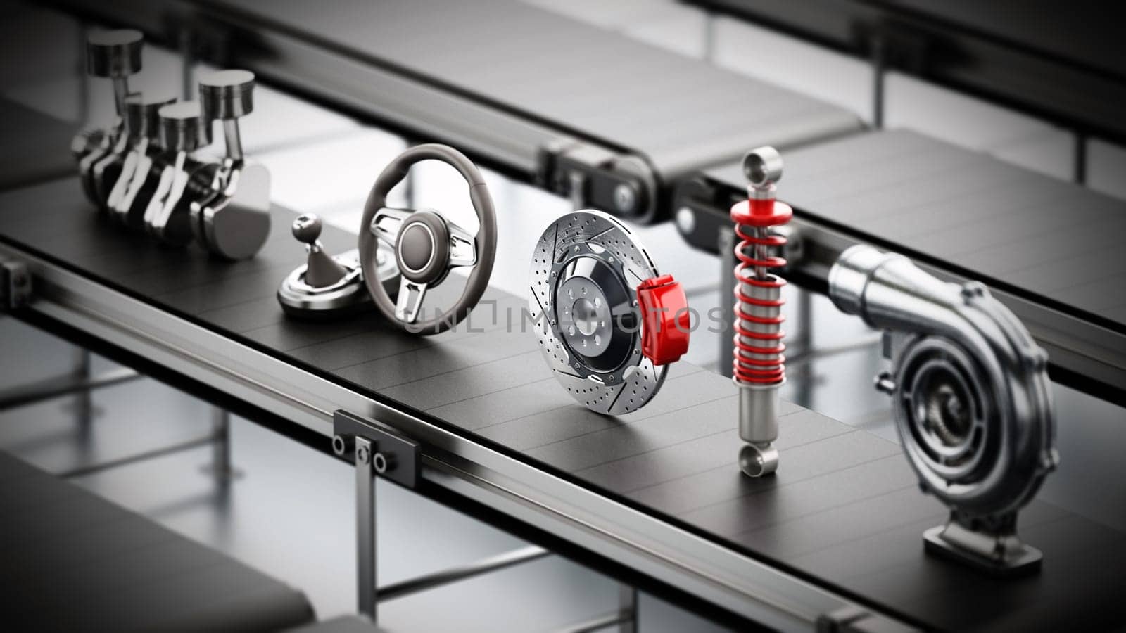 Conveyor belt carrying various car parts. 3D illustration.