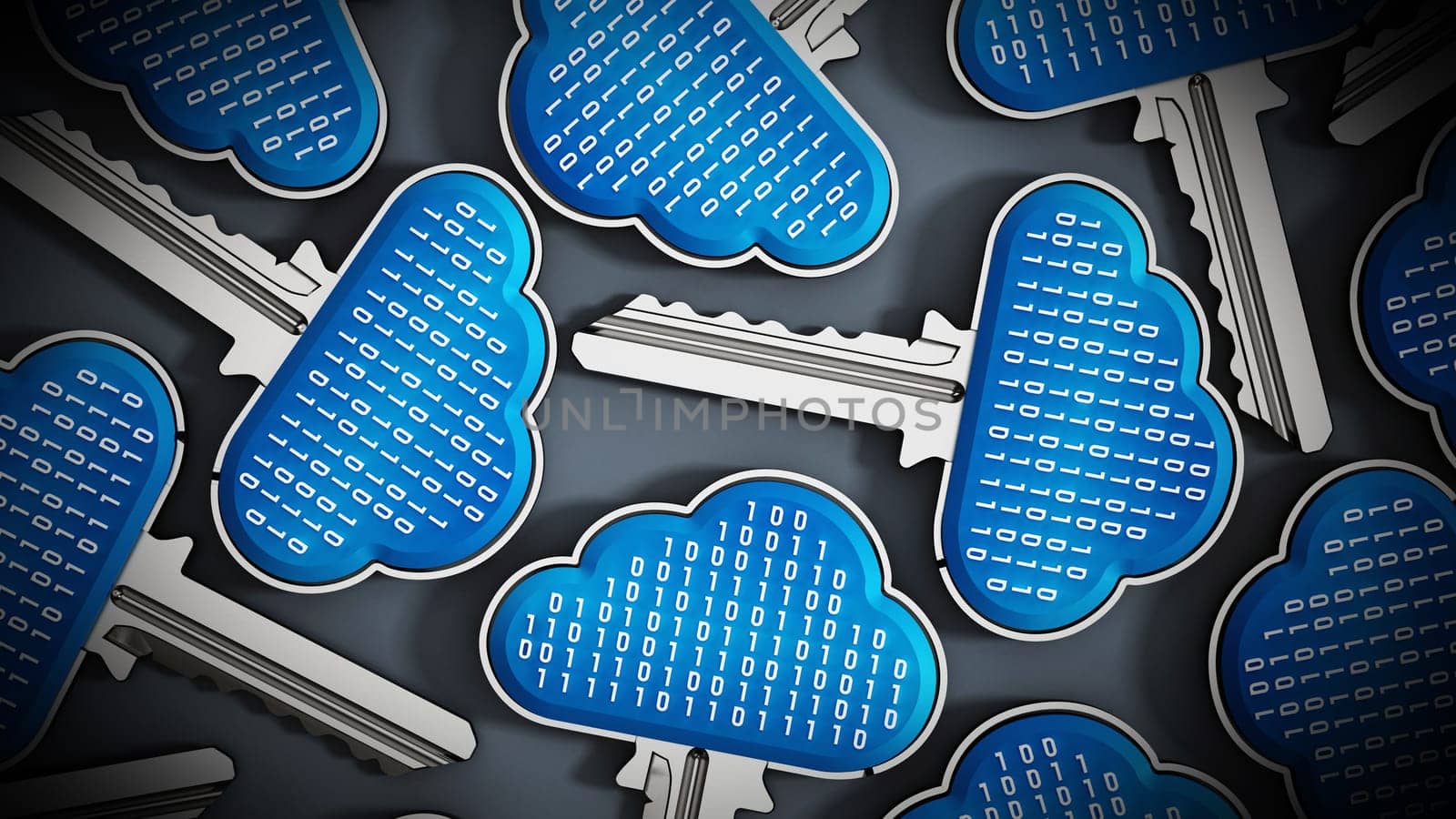 Metal keys with cloud shapes and binary codes on top. Cloud computing concept. 3D illustration.