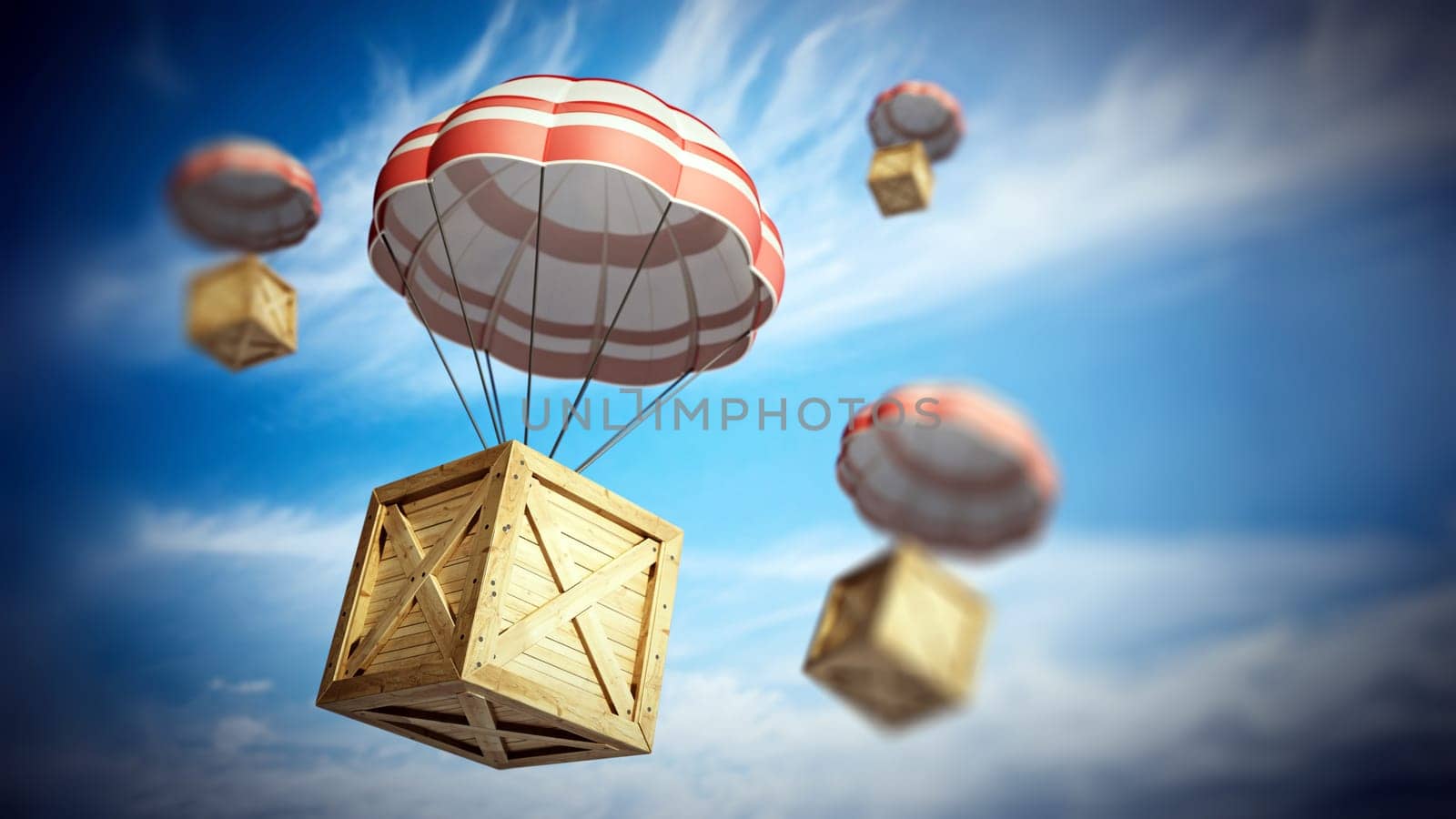 Wooden crates in the sky being delivered with parachutes. 3D illustration.