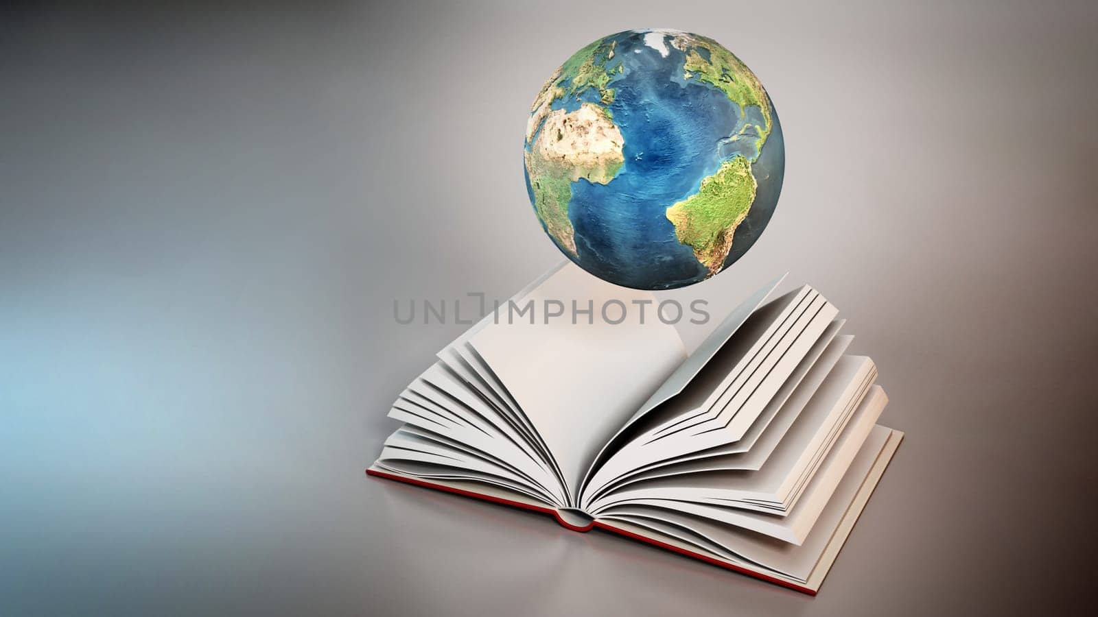 Blue globe on open book pages. 3D illustration.