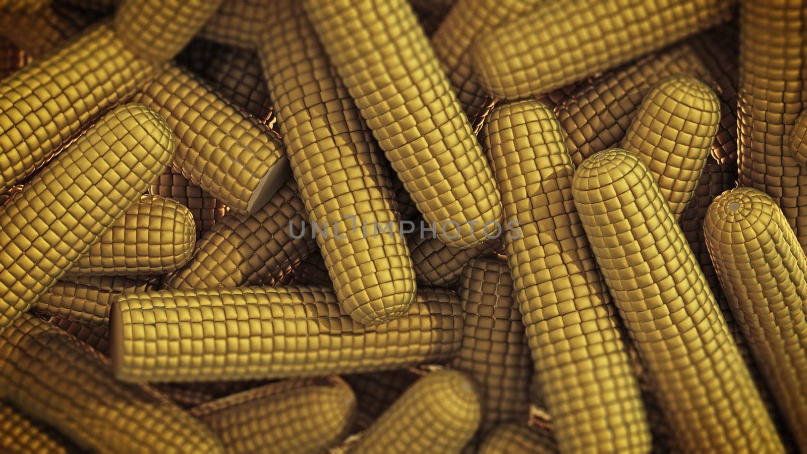 Stack of fresh corn cobs. 3D illustration.