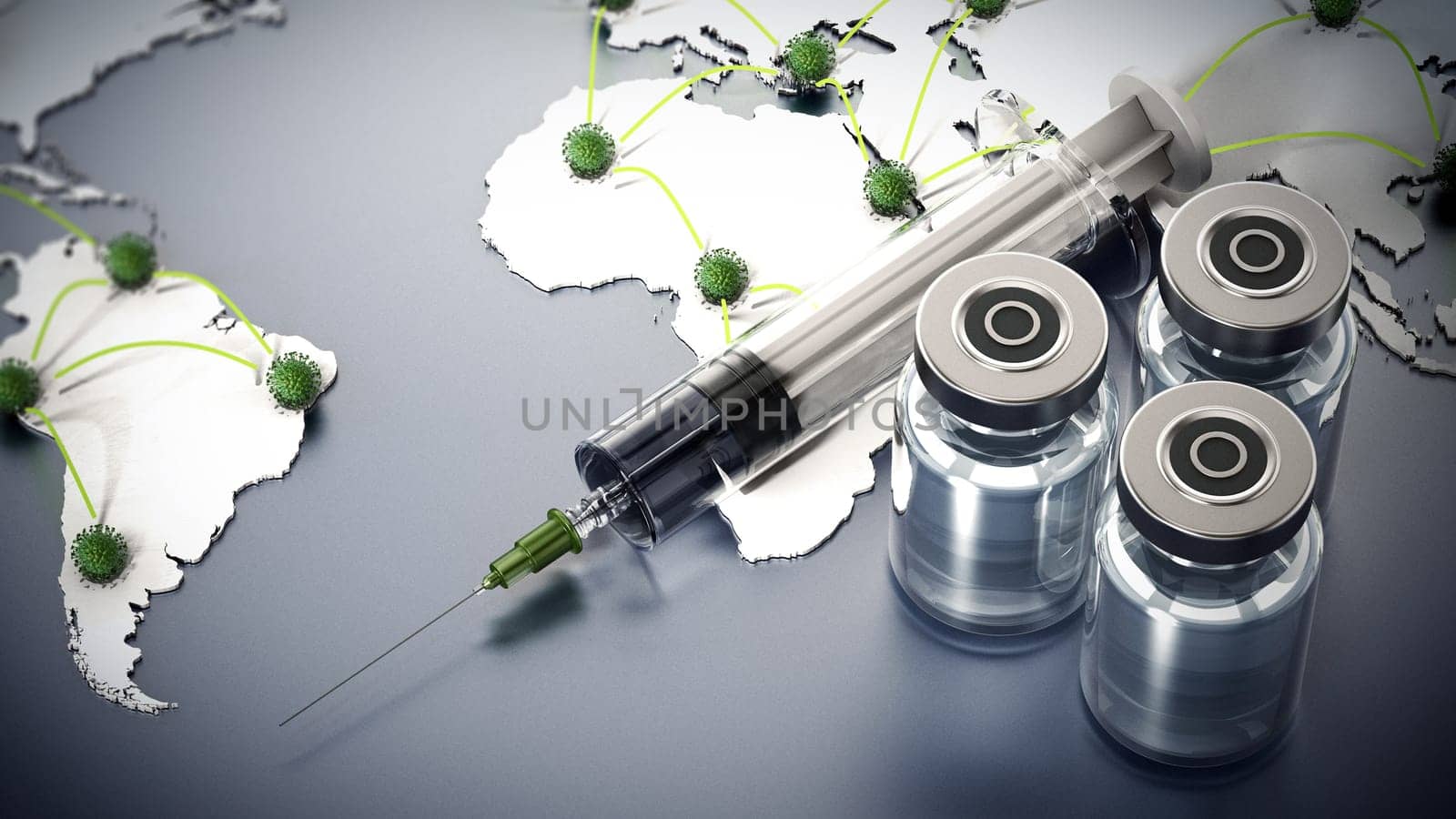 Covid 19 vaccine bottles and syringe standing on world map. 3D illustration.