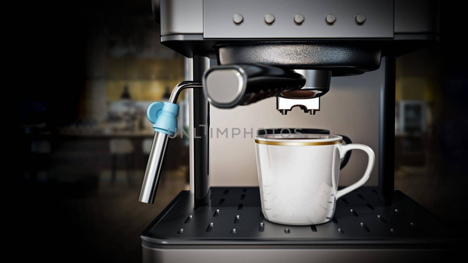 Coffee machine with a cup of fresh coffee. 3D illustration.