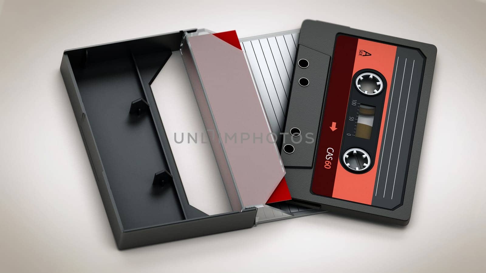 Vintage audio cassette and cassette case isolated on white background. 3D illustration.
