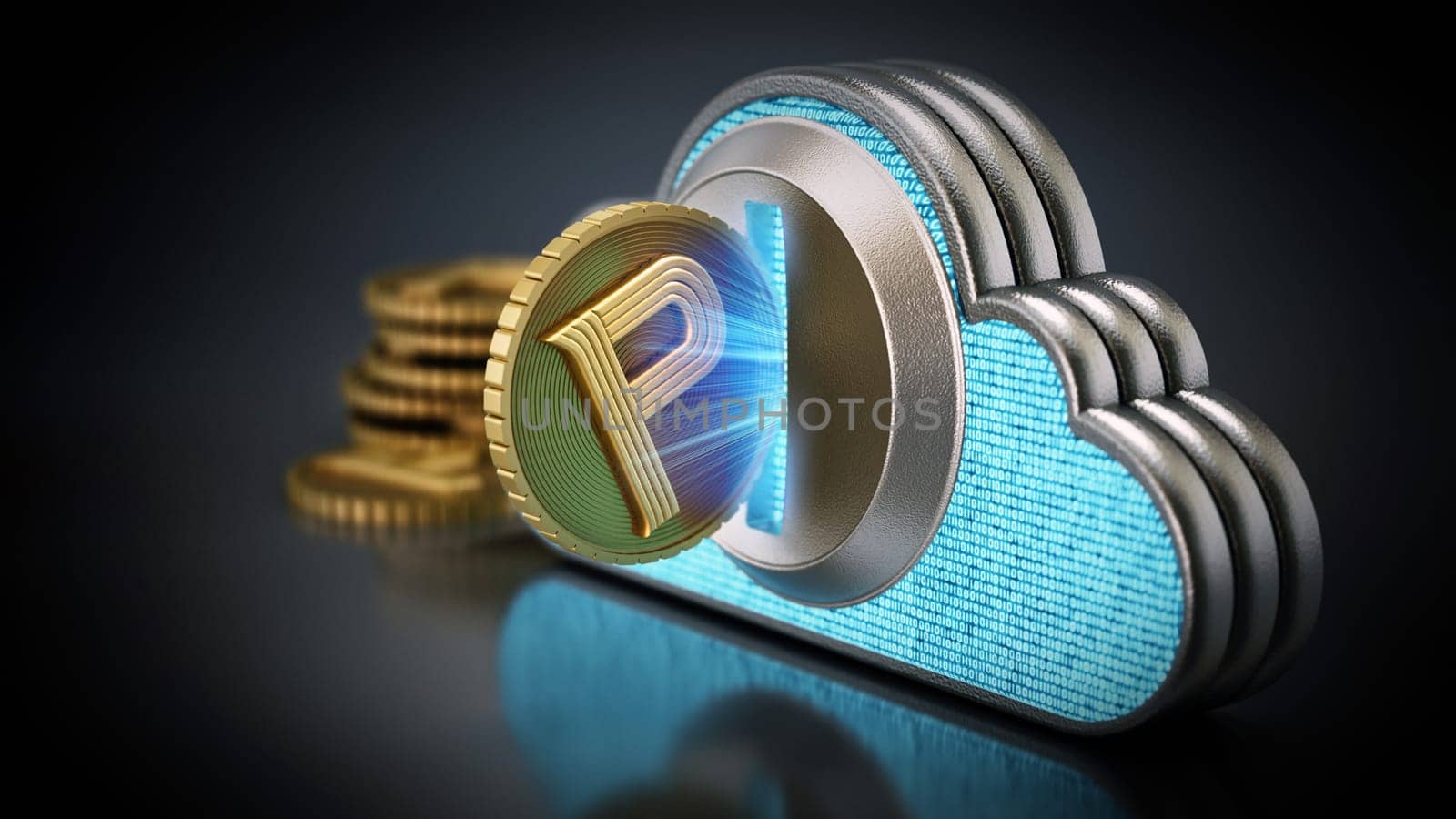 Cryptocurrency coin with cloud shaped coin counter. 3D illustration.