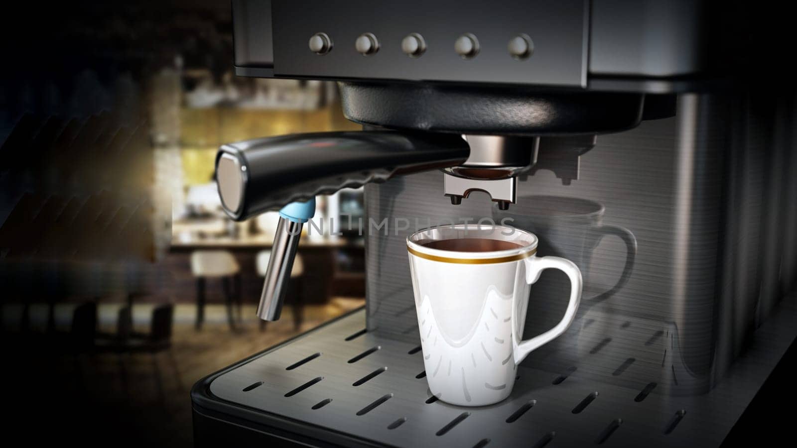 Coffee machine with a cup of fresh coffee. 3D illustration.