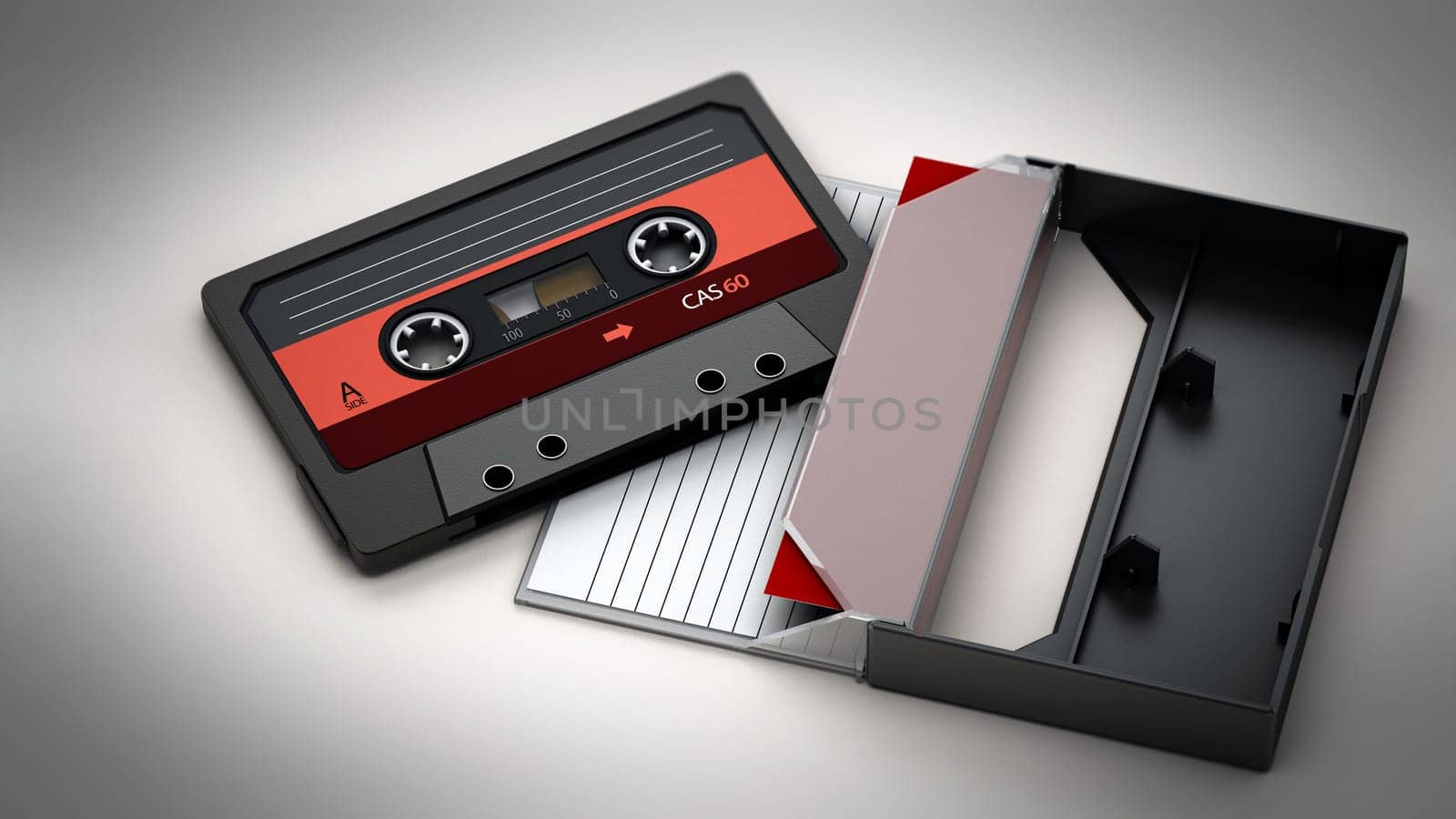 Vintage audio cassette and cassette case isolated on white background. 3D illustration.