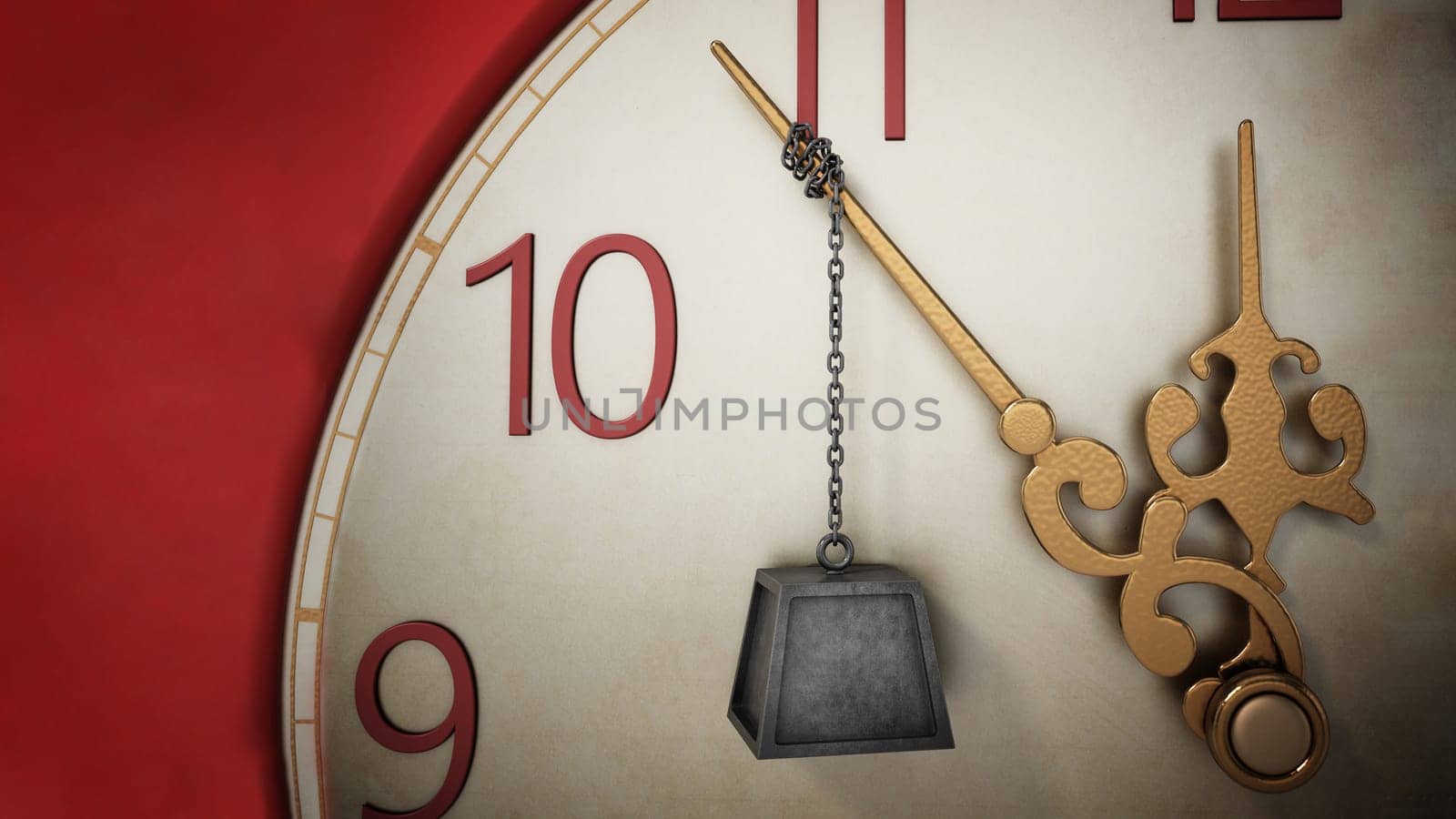 One ton weight chained at the clock hand stopping the time. 3D illustration.