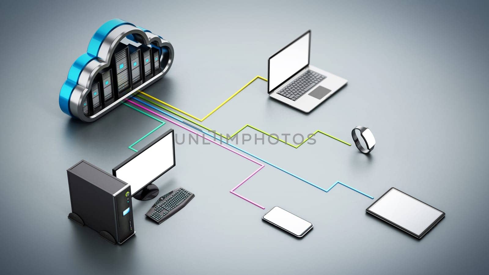 Smart devices connected to the cloud shaped servers. Cloud computing diagram. 3D illustration.