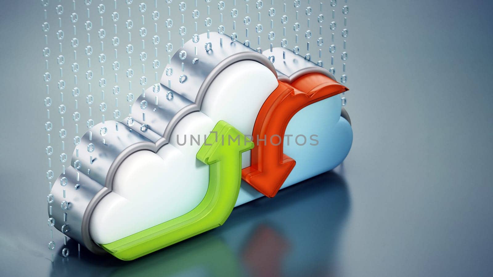 Uploading and downloading arrows and cloud shape. 3D illustration.