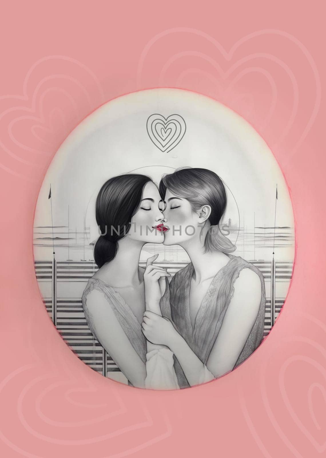 A romantic story unfolds in the delicate strokes of a graphite sketch in shades of gray. Two women dressed in airy summer dresses stand against a background of harbor, sea and ships. Their passionate kiss, brightly colored red, breaks through the monochrome atmosphere. One of them holds the other's wrist with passion. Above them is a heart-shaped motif. This vintage illustration, encased in an ash pink oval frame, exudes the nostalgic charm of the 1960s.