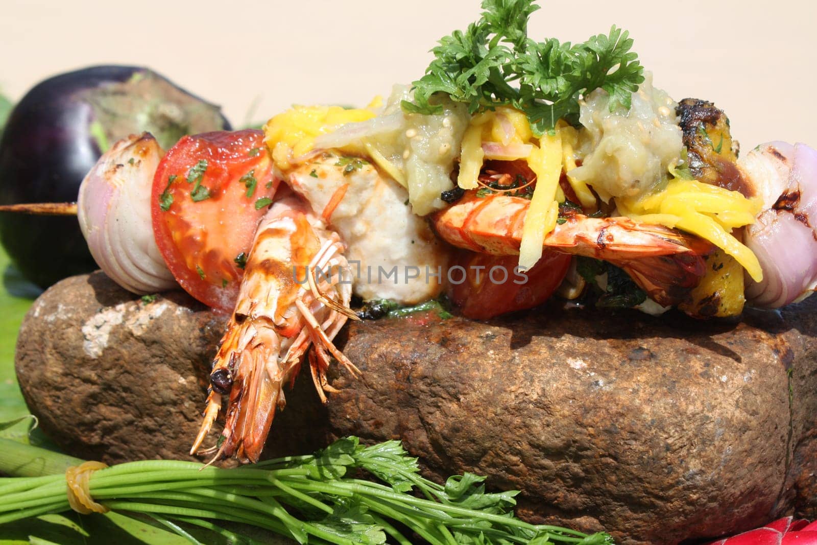 The food cooked at restaurant. Various dishes for every taste and choice.
