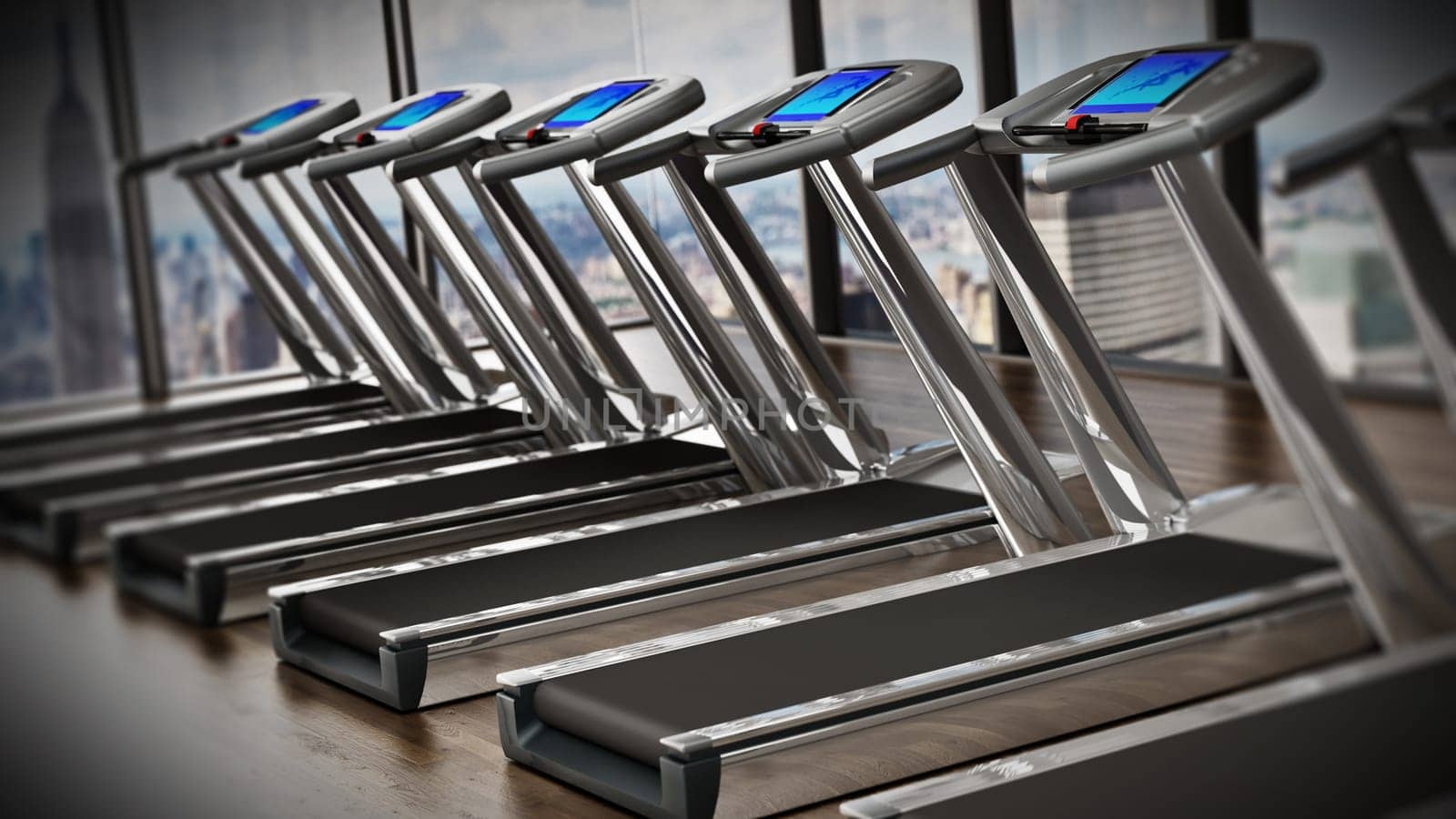 Treadmills inside a sports center in upper floors. 3D illustration.