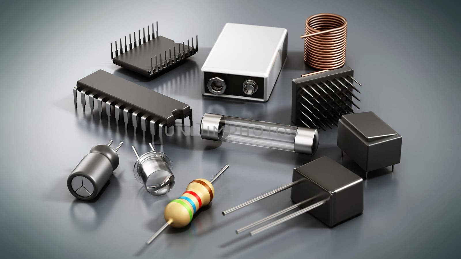 Spare electronic parts isolated on gray background. 3D illustration.