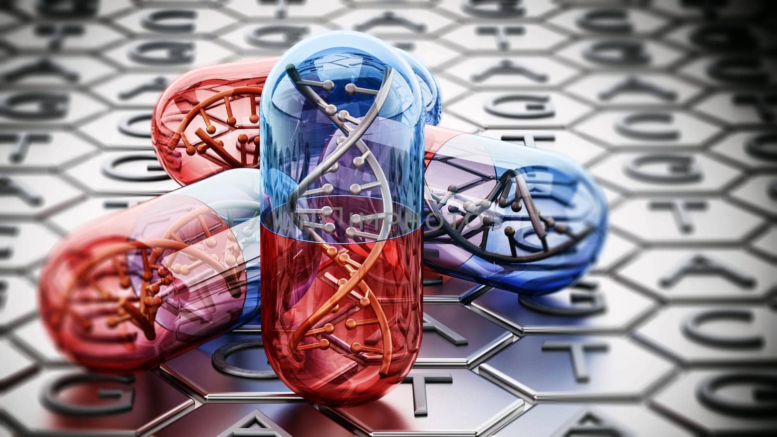 Capsule with DNA helix standing on adenine, thymine, cytosine and guanine background. 3D illustration.