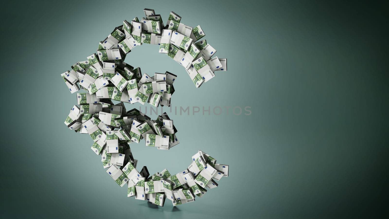 Euro symbol made of large group of 100 Euro bills. 3D illustration.