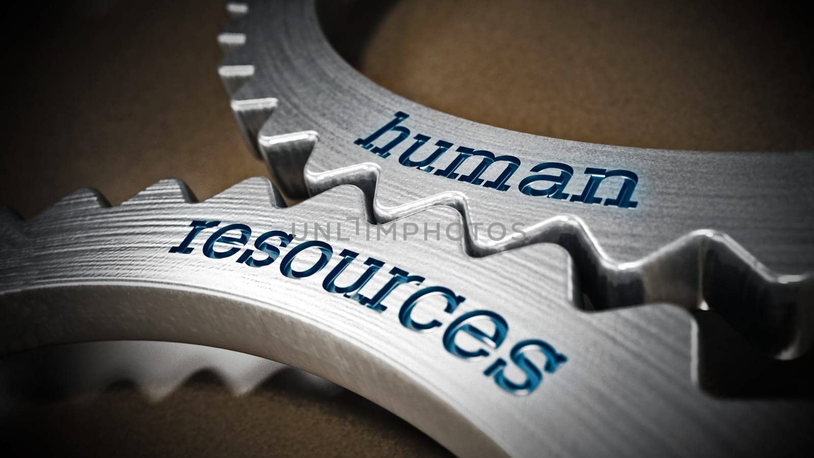 Two gears in motion with human resources text. 3D illustration.