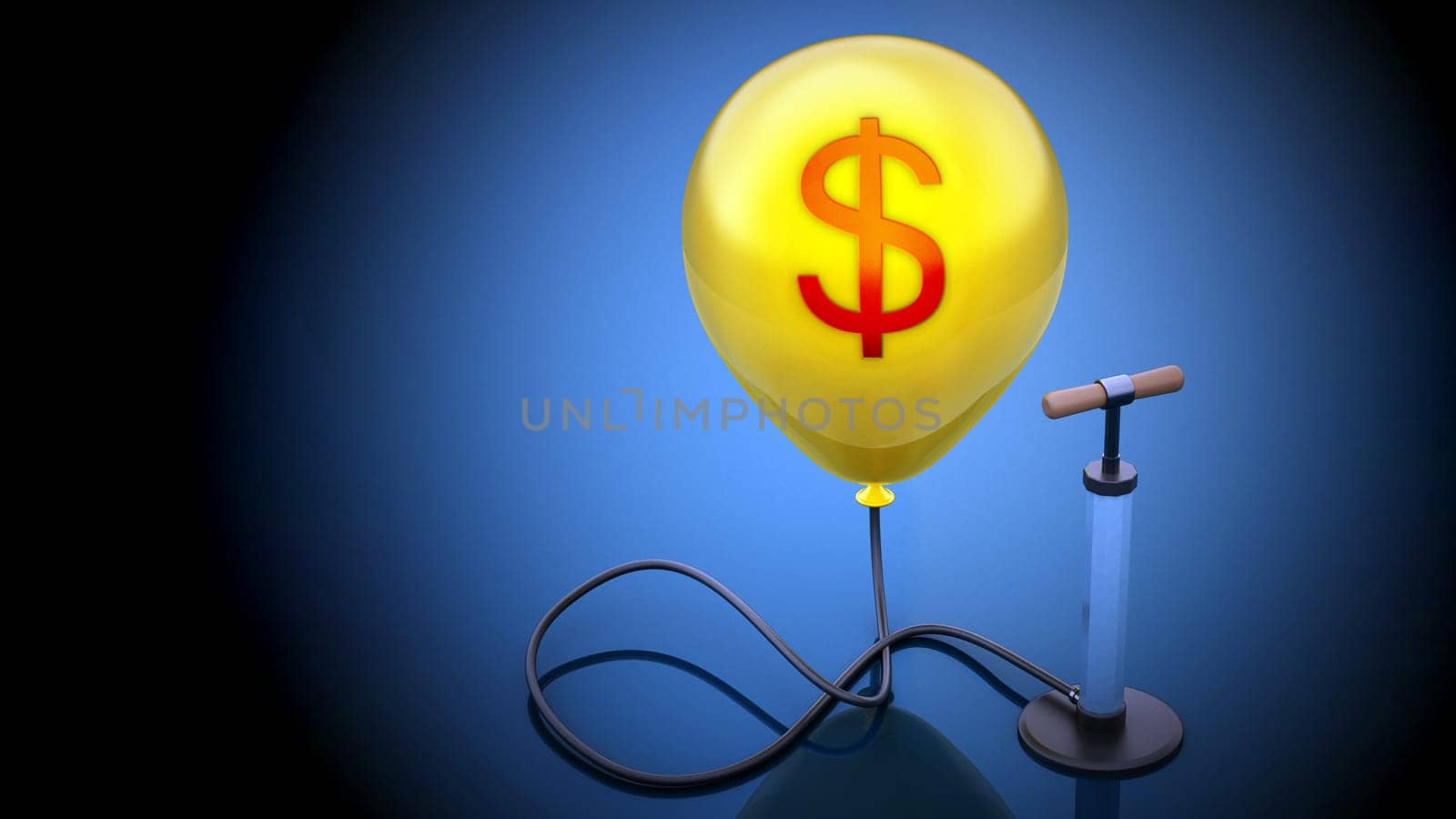Manual hand pump connected to the inflated yellow balloon with Dollar icon. 3D illustration.