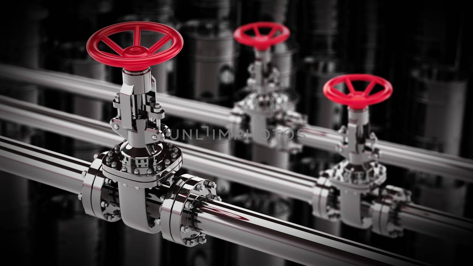 Oil pipes with yellow valves against black oil drums background. 3D illustration.