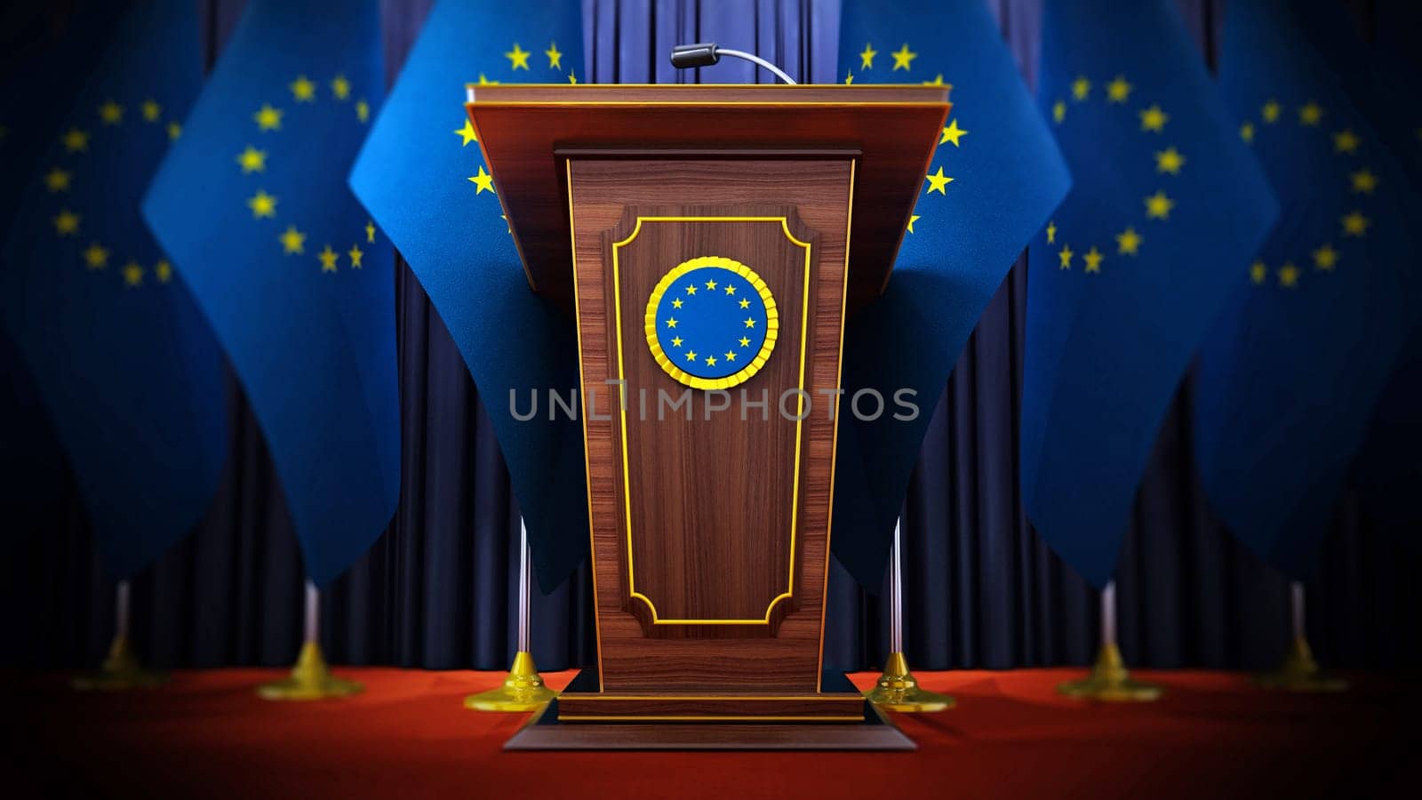 Group of European Union flags standing next to lectern in the conference hall. 3D illustration.