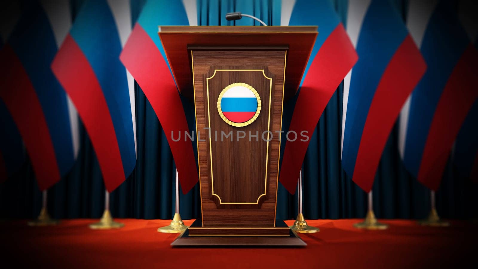 Group of Russian flags standing next to lectern in the conference hall. 3D illustration.